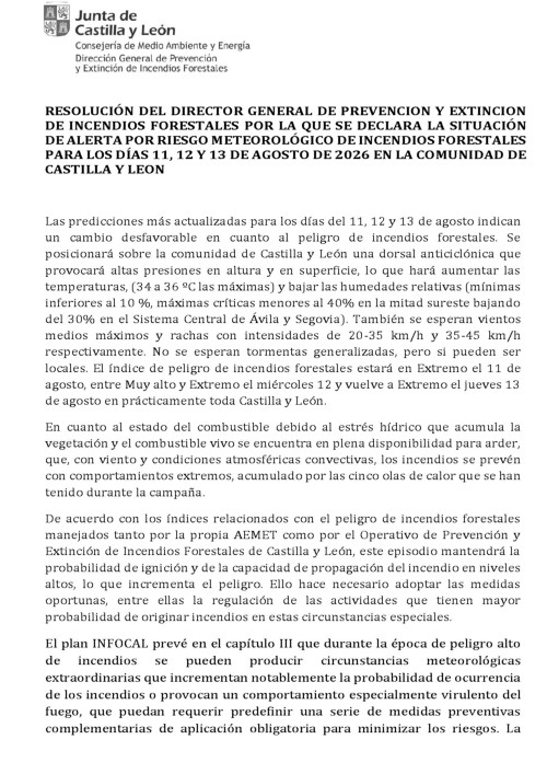SE DECLARA LA SITUACIÓN DE ALERTA POR RIESGO METEOROLÓGICO DE INCENDIOS FORESTALES PARA LOS DÍAS 11, 12 Y 13 DE AGOSTO DE 2026