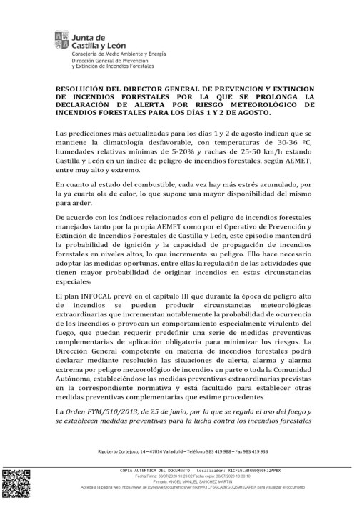 SE PROLONGA LA DECLARACIÓN DE ALERTA POR RIESGO METEOROLÓGICO DE INCENDIOS FORESTALES PARA LOS DÍAS 1 Y 2 DE AGOSTO